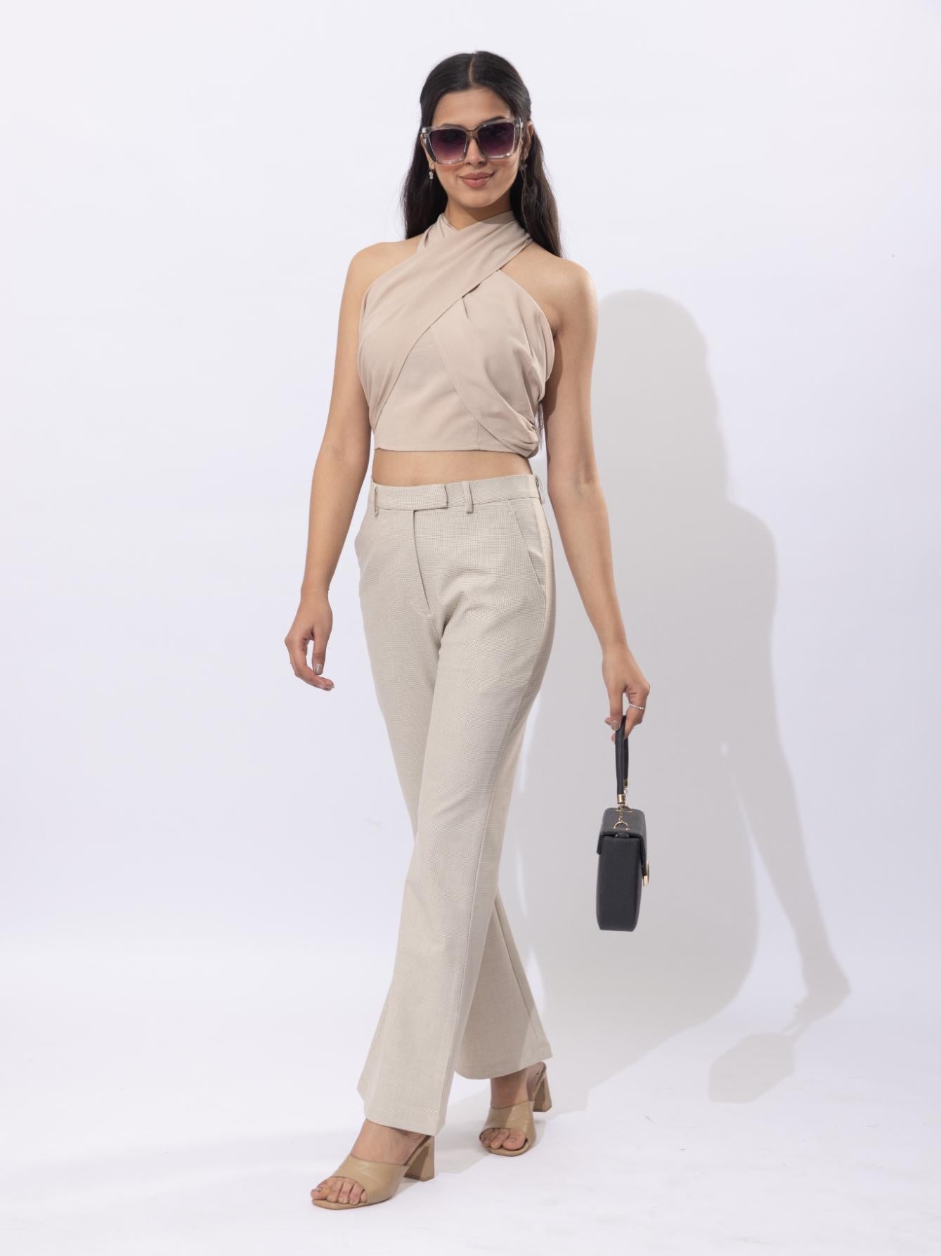 Beige check high waist formal flare pants with spandex [Bootcut flare] - Formal flare pants