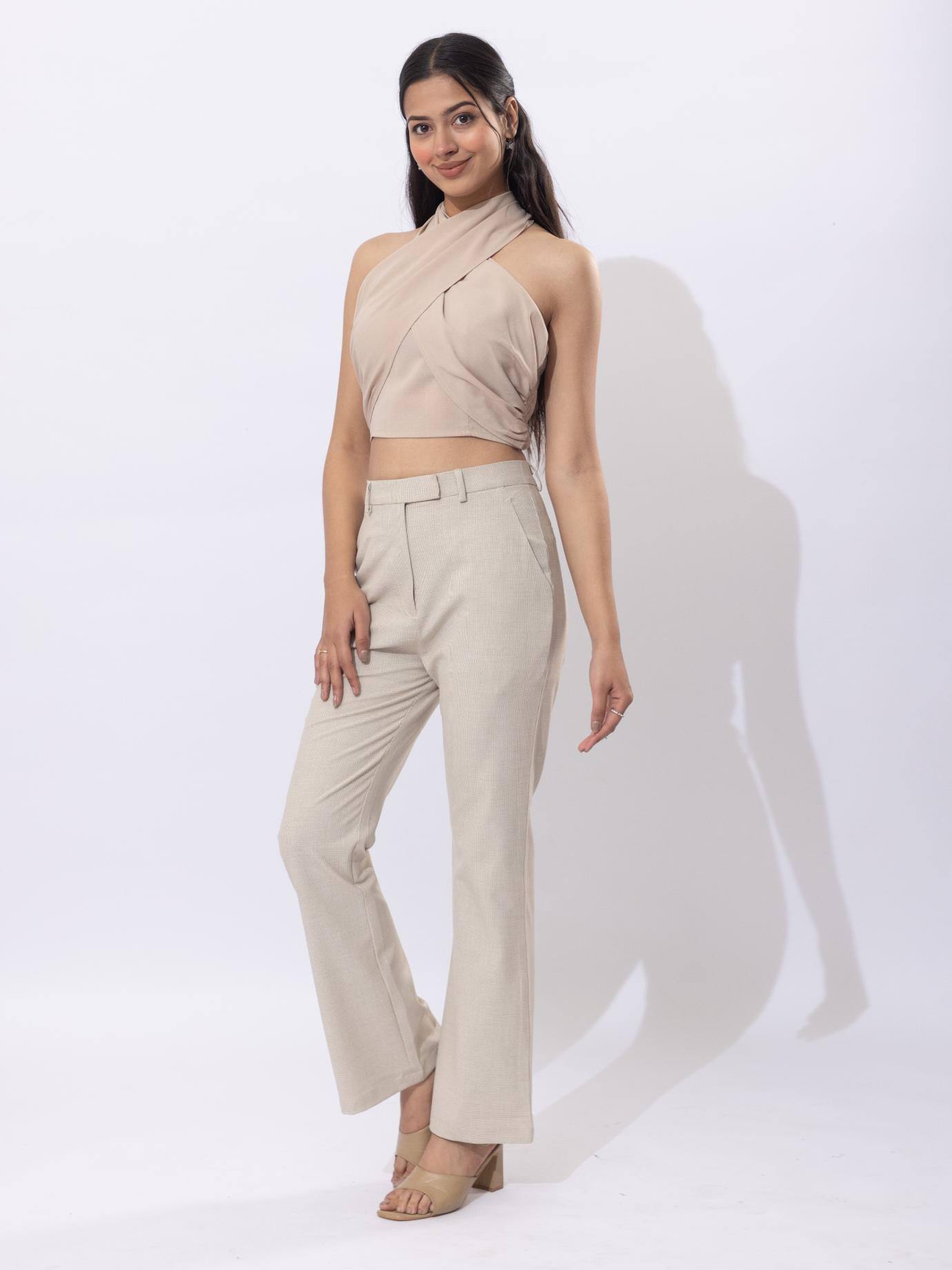 Beige check high waist formal flare pants with spandex [Bootcut flare] - Formal flare pants