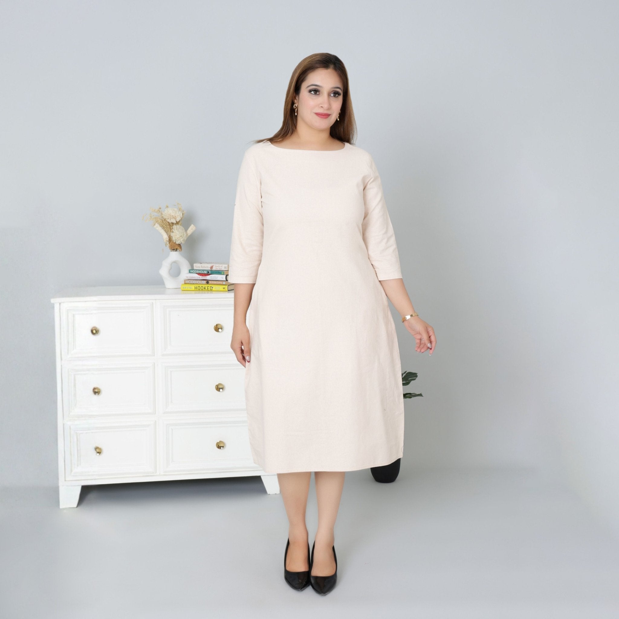 Beige cotton full sleeve midi dress with pocket [100% pure cotton] - Cotton pocket midi dress