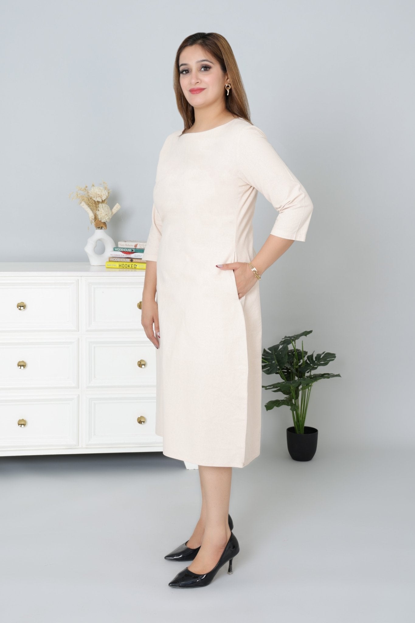 Beige cotton full sleeve midi dress with pocket [100% pure cotton] - Cotton pocket midi dress