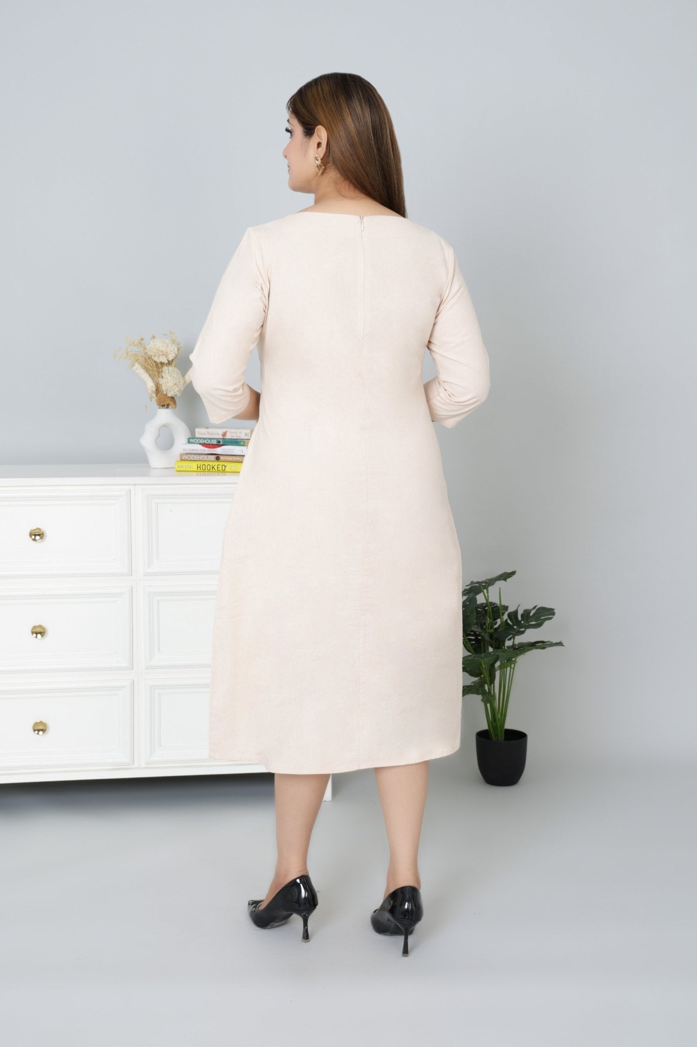Beige cotton full sleeve midi dress with pocket [100% pure cotton] - Cotton pocket midi dress