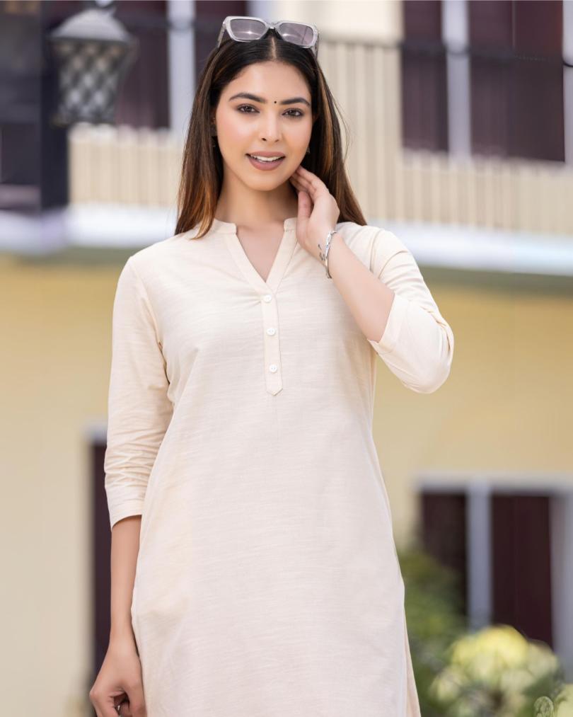 Beige Cotton Linen Long Kurti for officewear - Long kurti