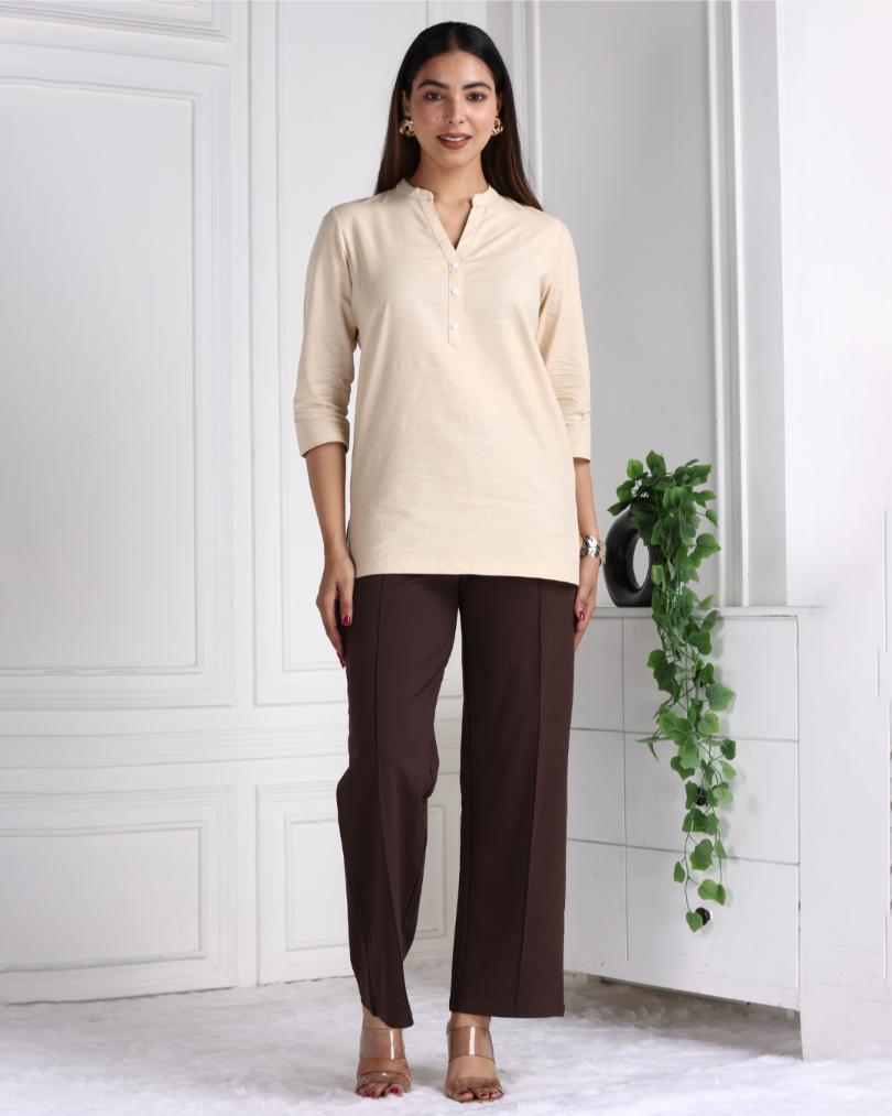 Beige Cotton Linen Short Kurti - Short kurta