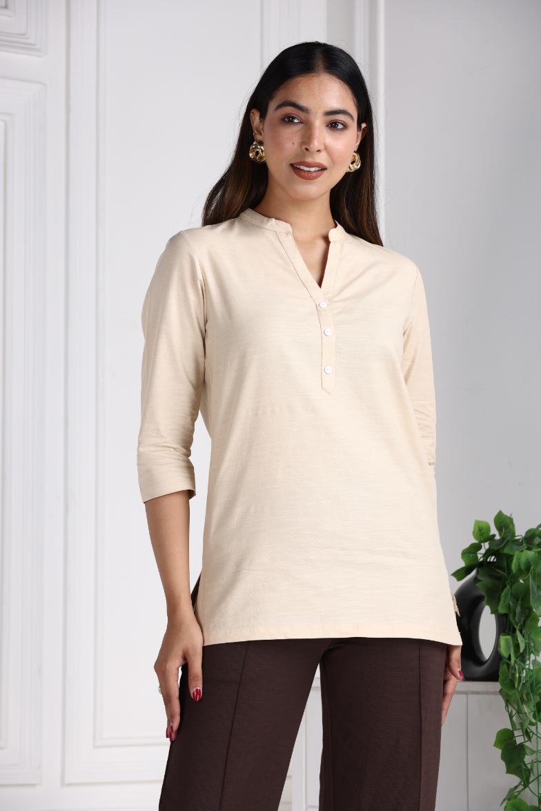 Beige Cotton Linen Short Kurti - Short kurta