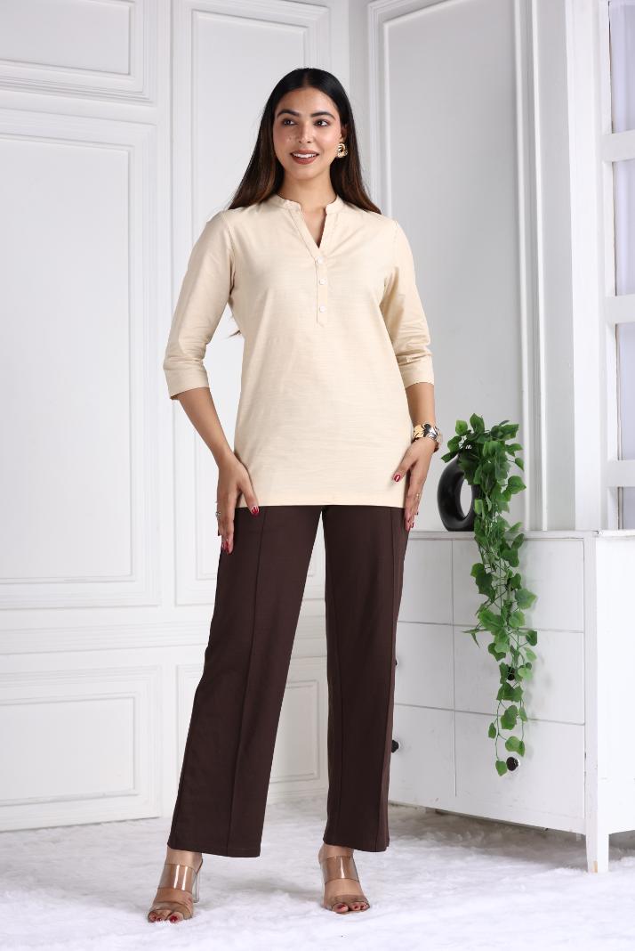 Beige Cotton Linen Short Kurti - Short kurta