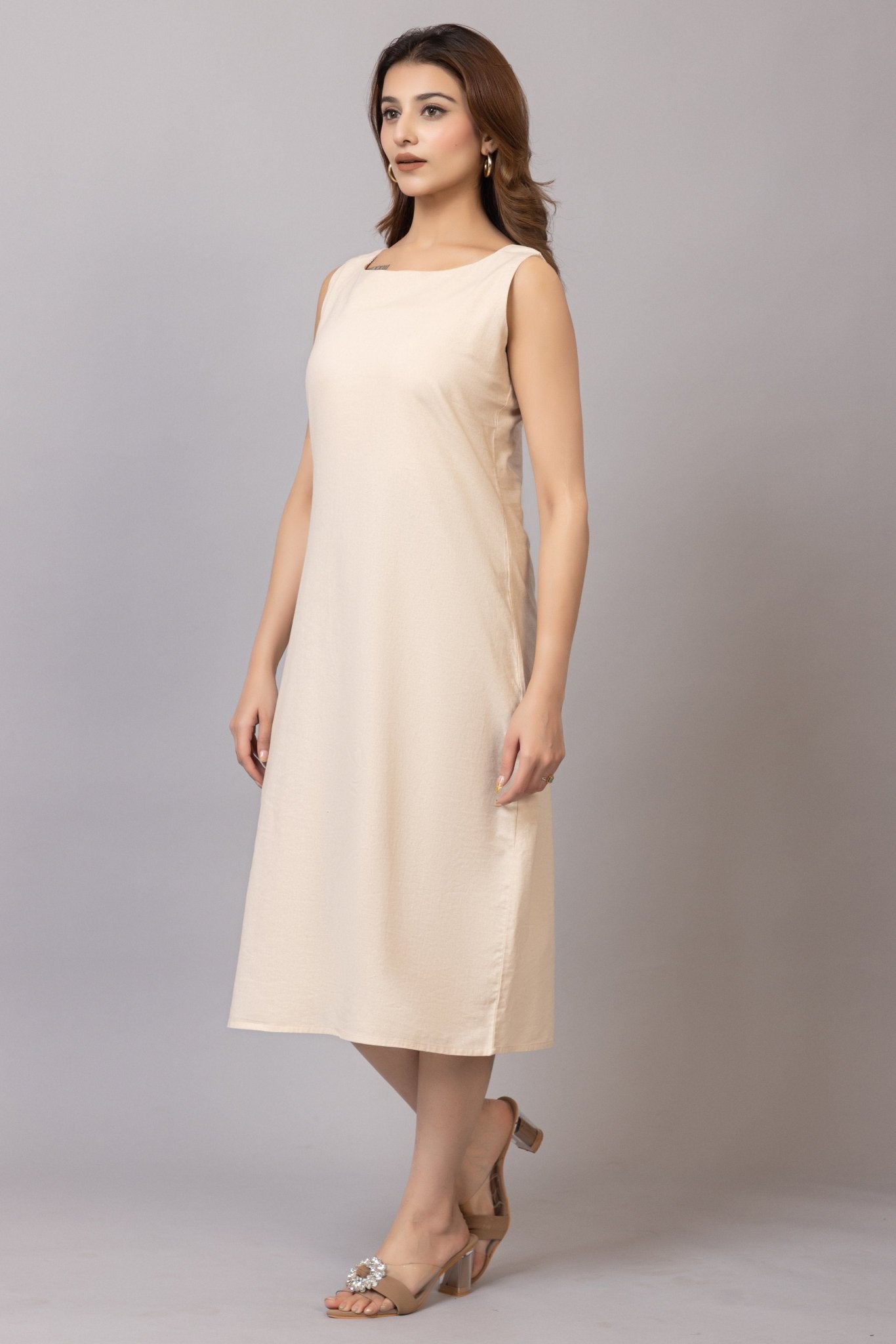 Beige cotton midi dress [100% pure cotton] - Cotton midi dress