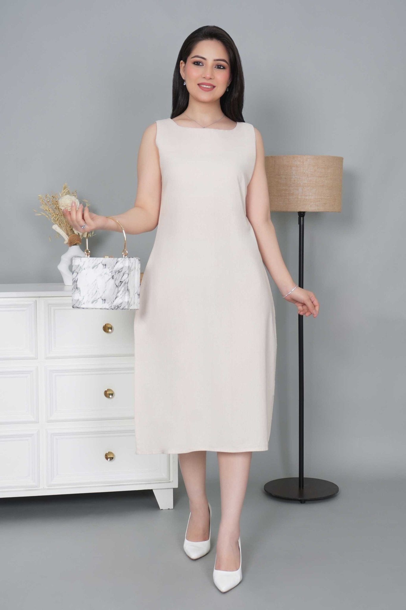 Beige cotton midi dress [100% pure cotton] - Cotton midi dress