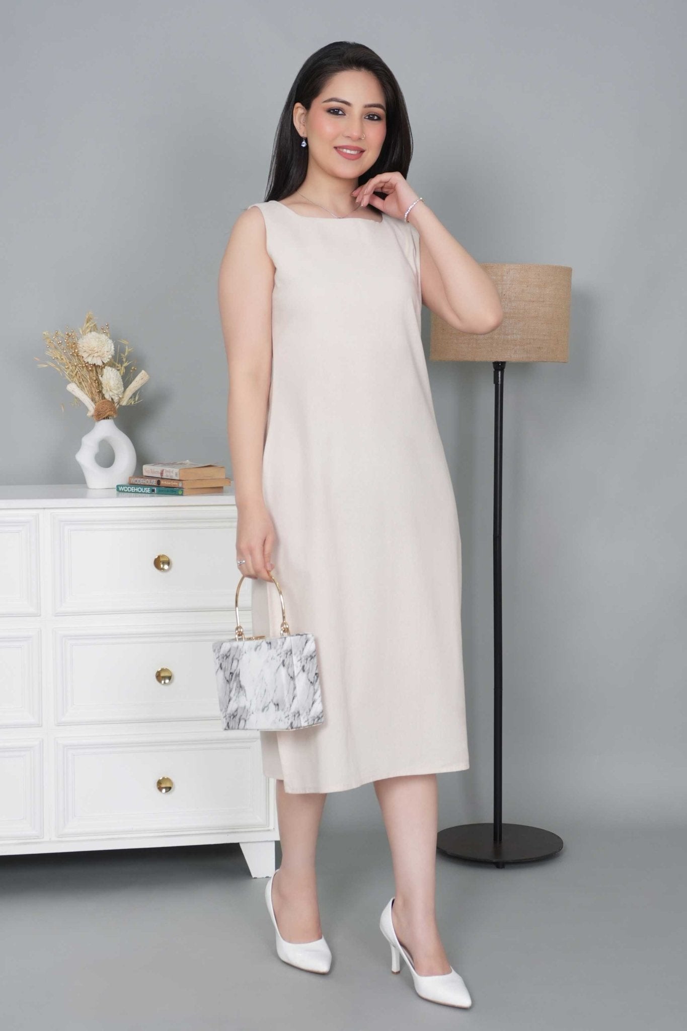 Beige cotton midi dress [100% pure cotton] - Cotton midi dress