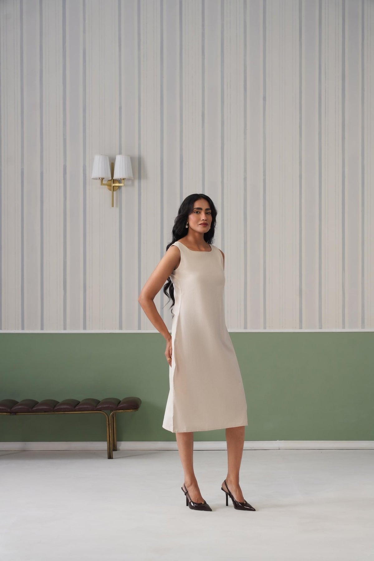 Beige cotton midi dress [100% pure cotton] -Cotton midi dress
