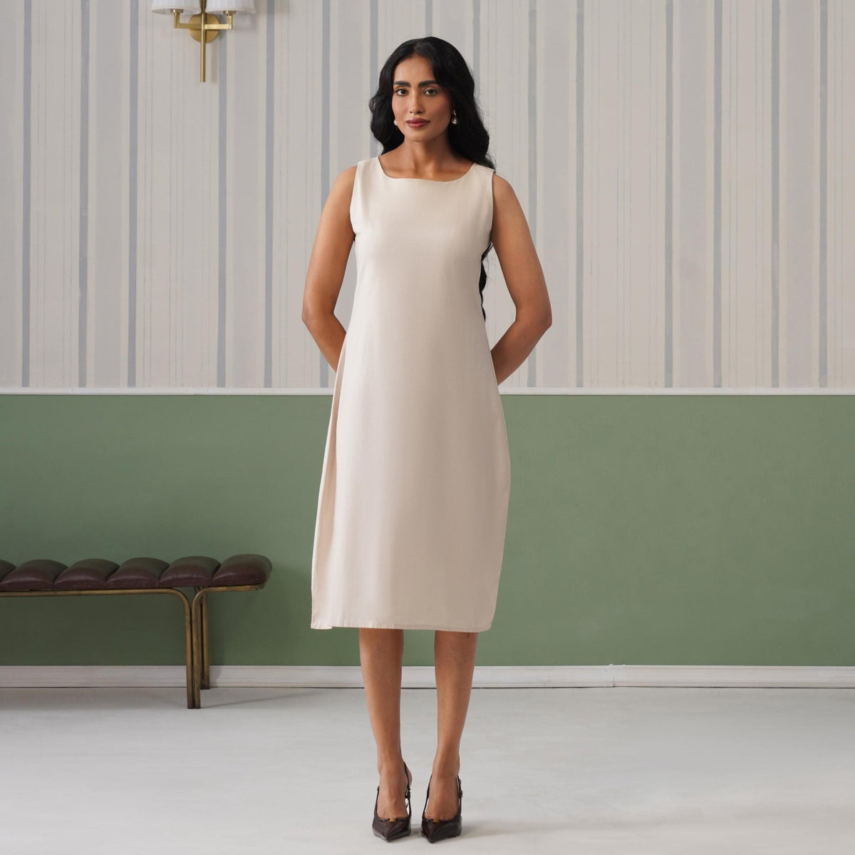 Beige cotton midi dress [100% pure cotton] -Cotton midi dress