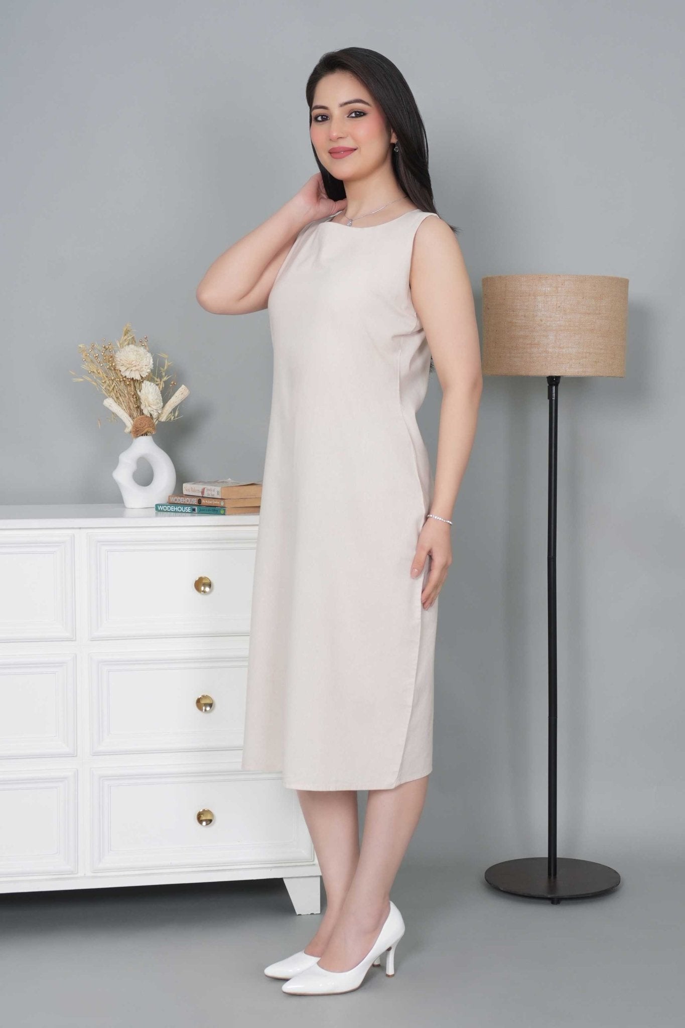 Beige cotton midi dress [100% pure cotton] - Cotton midi dress