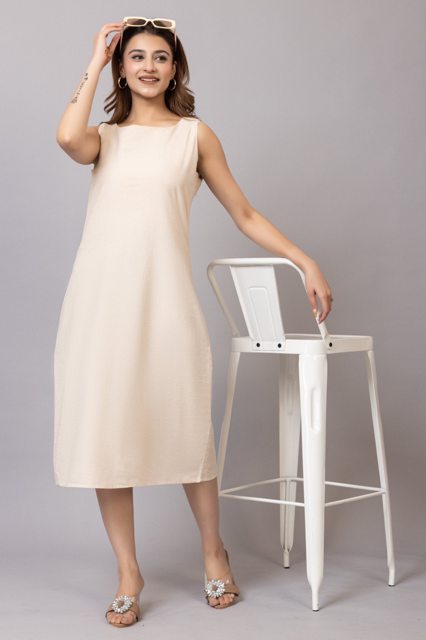 Beige cotton midi dress [100% pure cotton] - Cotton midi dress