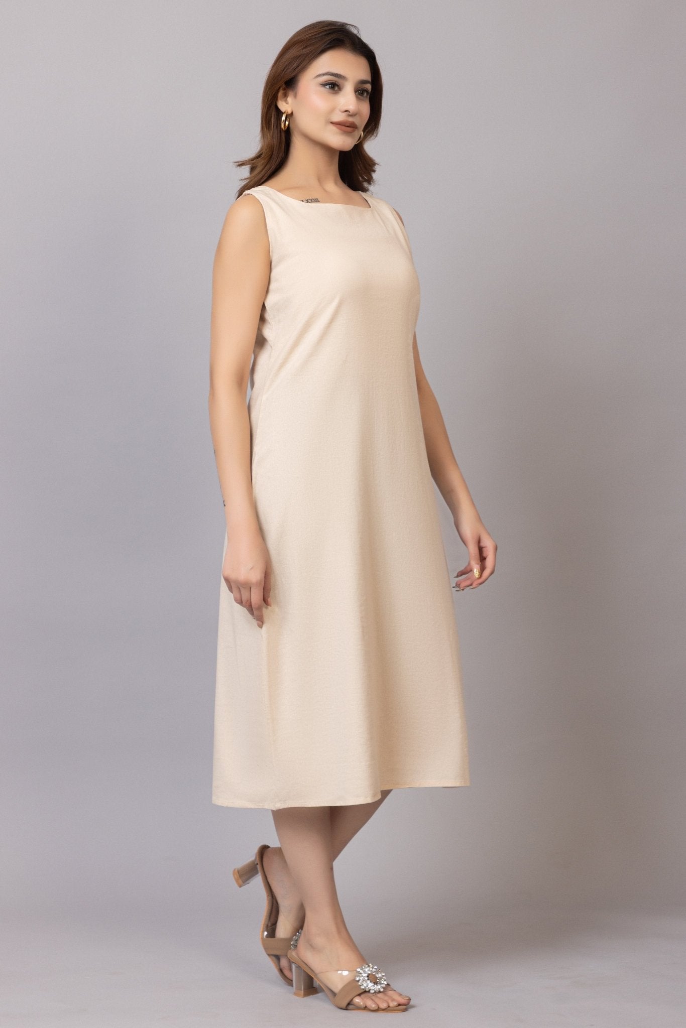 Beige cotton midi dress [100% pure cotton] - Cotton midi dress
