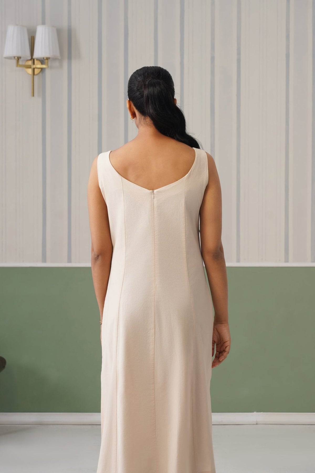 Beige cotton midi dress with pocket [100% pure cotton] -Cotton pocket midi dress