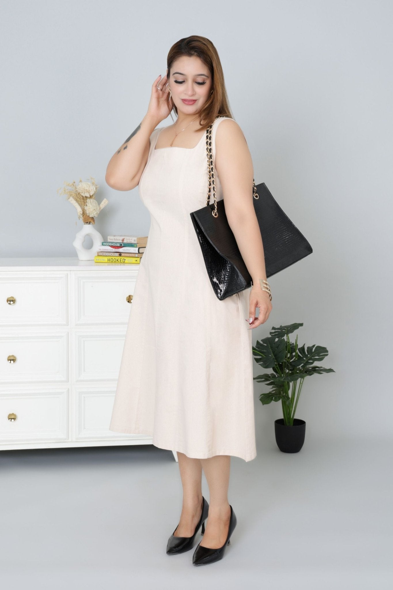 Beige cotton midi dress with pocket [100% pure cotton] - Cotton pocket midi dress
