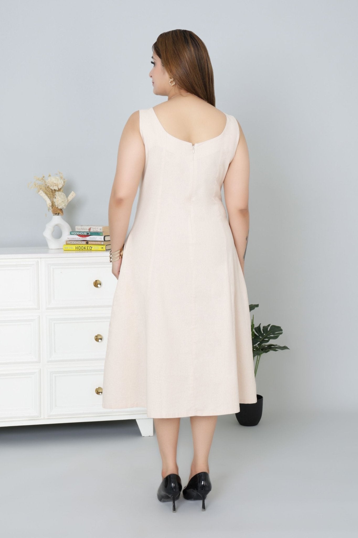 Beige cotton midi dress with pocket [100% pure cotton] - Cotton pocket midi dress