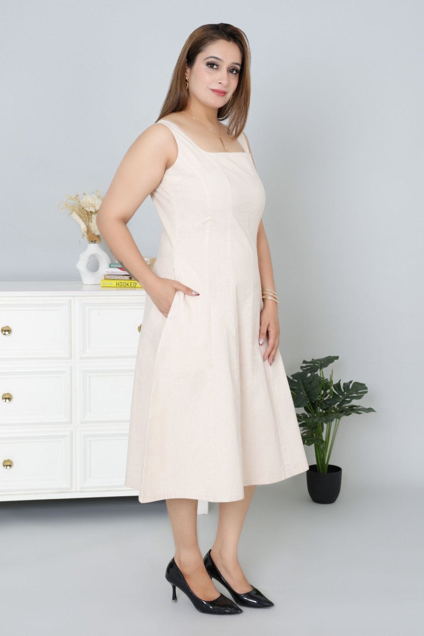 Beige cotton midi dress with pocket [100% pure cotton] - Cotton pocket midi dress