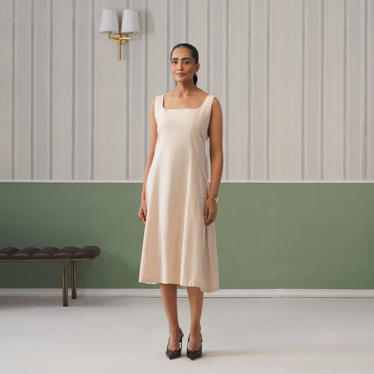 Beige cotton midi dress with pocket [100% pure cotton] -Cotton pocket midi dress