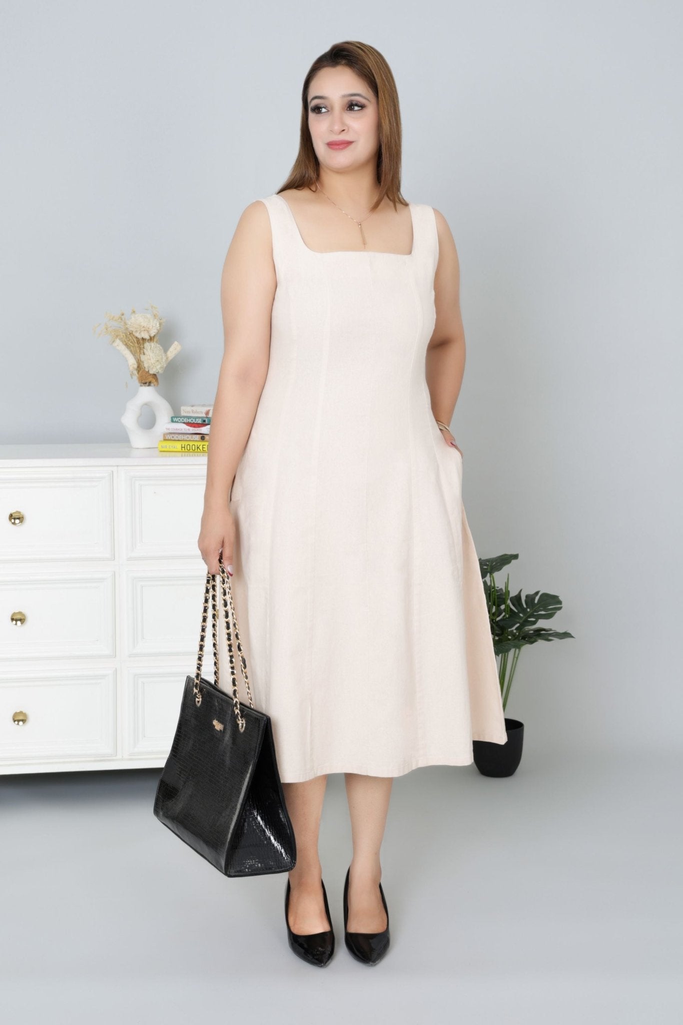 Beige cotton midi dress with pocket [100% pure cotton] - Cotton pocket midi dress