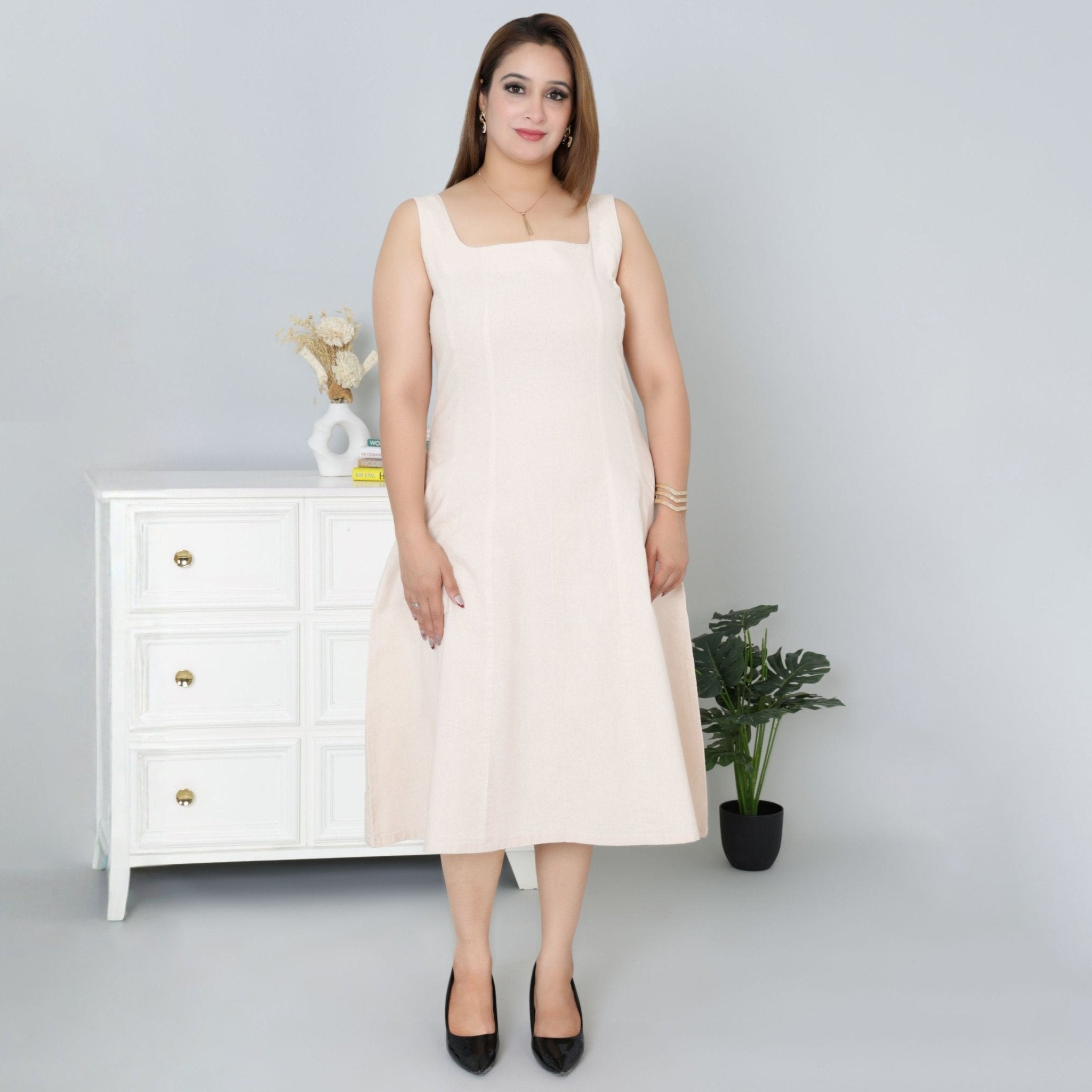 Beige cotton midi dress with pocket [100% pure cotton] - Cotton pocket midi dress