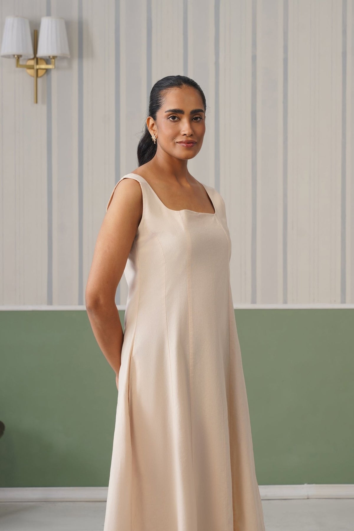 Beige cotton midi dress with pocket [100% pure cotton] -Cotton pocket midi dress