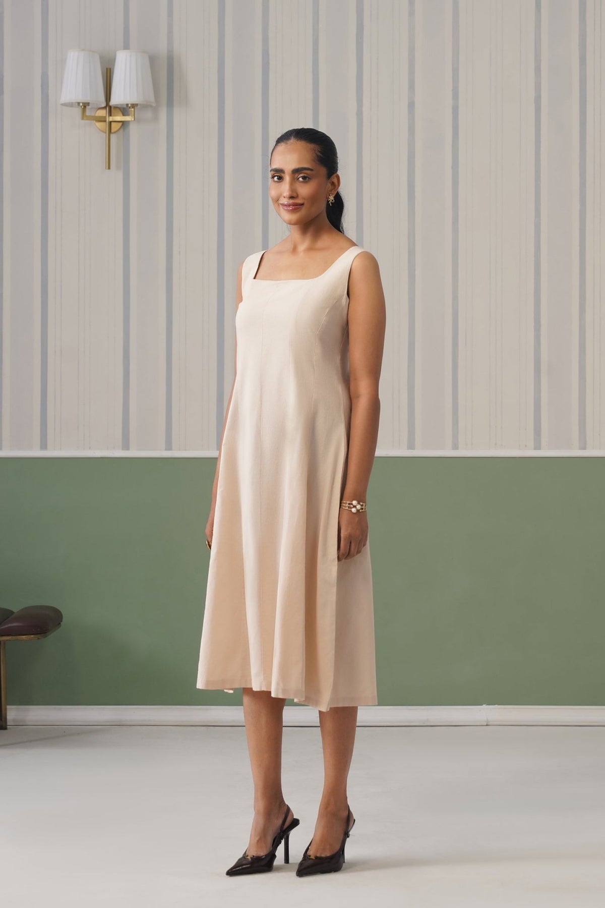 Beige cotton midi dress with pocket [100% pure cotton] -Cotton pocket midi dress