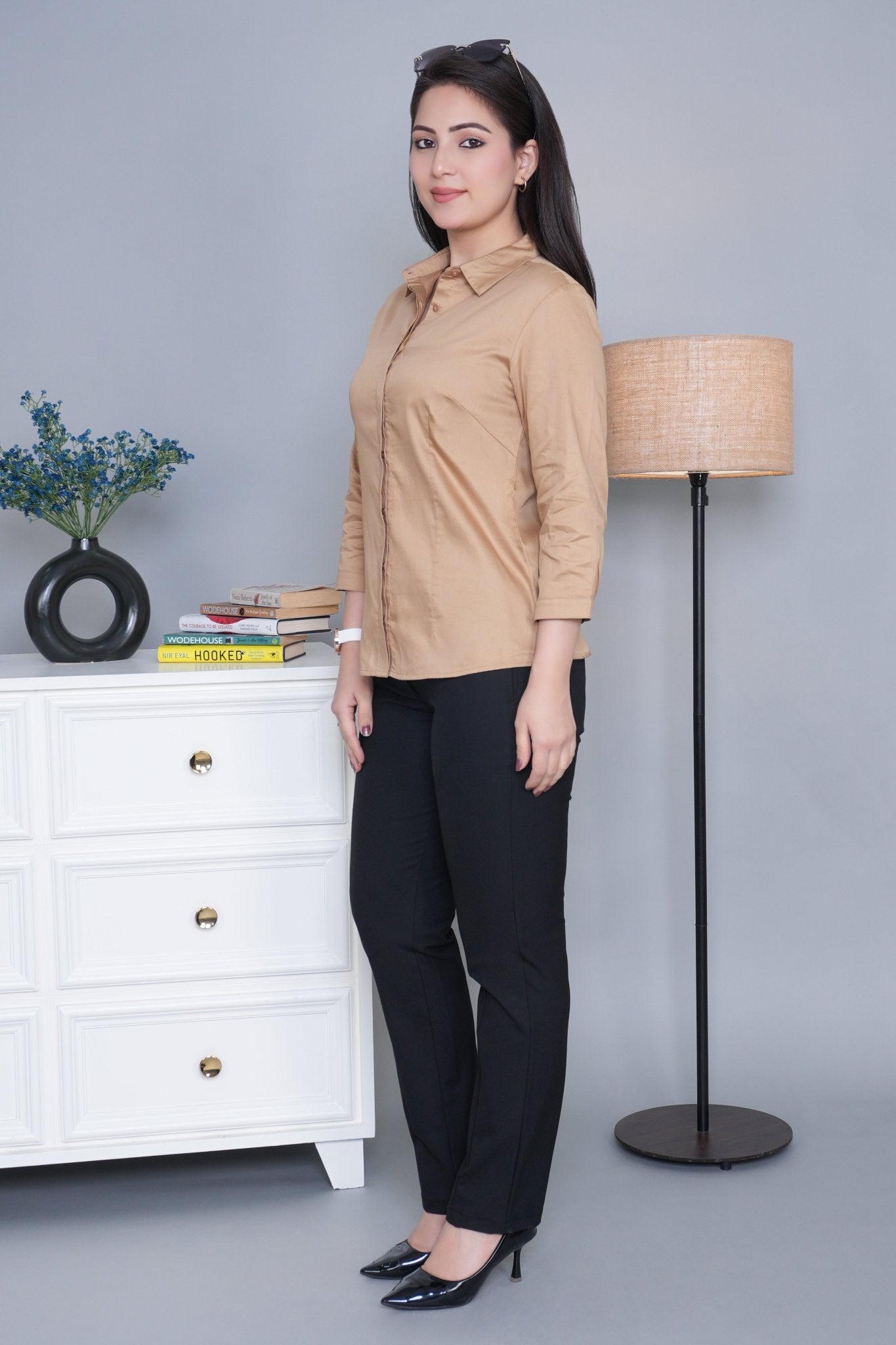 Beige cotton office placket shirt - Cotton office placket shirt