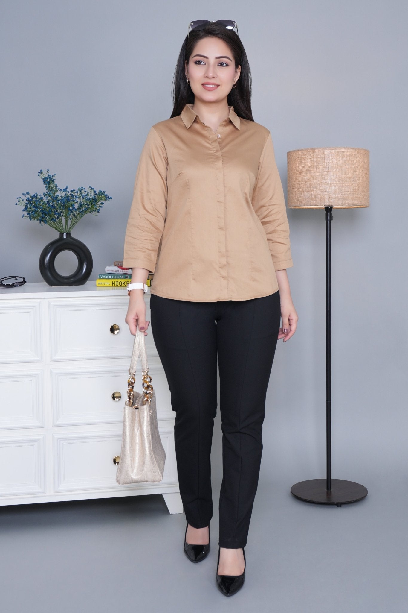 Beige cotton office placket shirt - Cotton office placket shirt