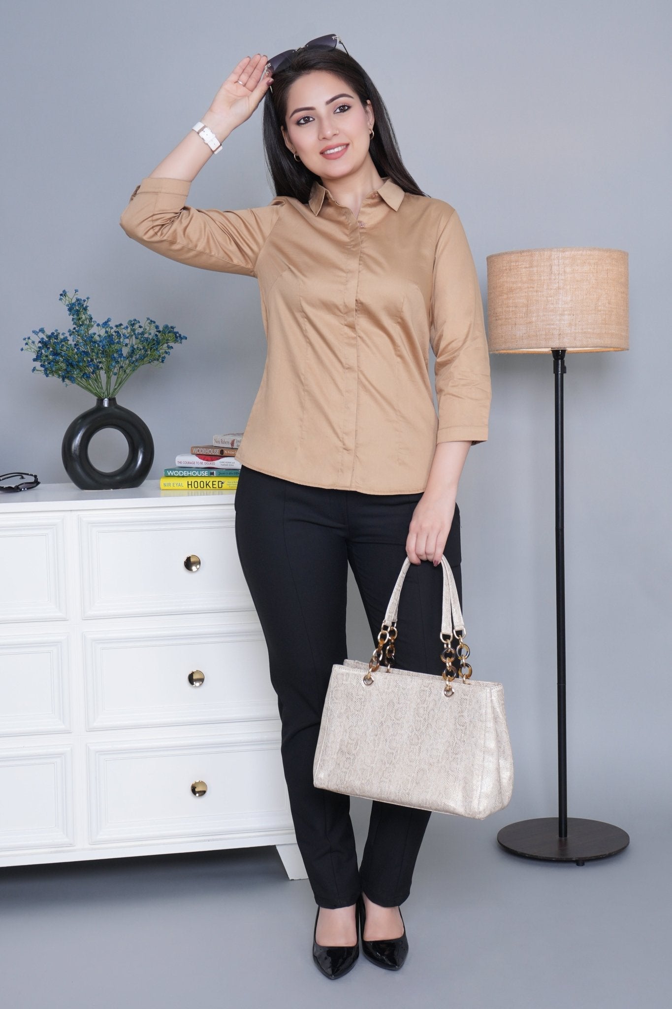 Beige cotton office placket shirt - Cotton office placket shirt