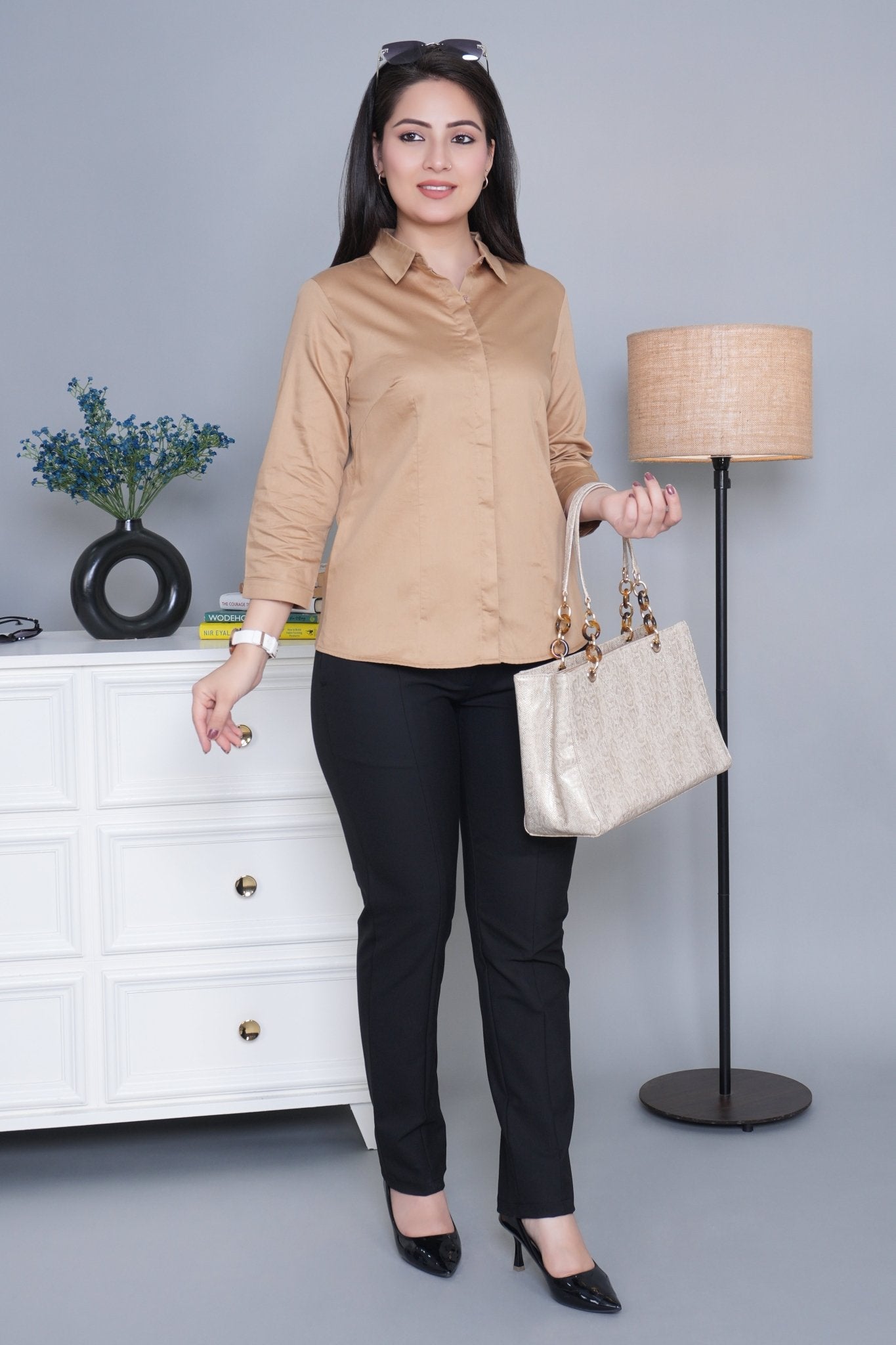 Beige cotton office placket shirt - Cotton office placket shirt