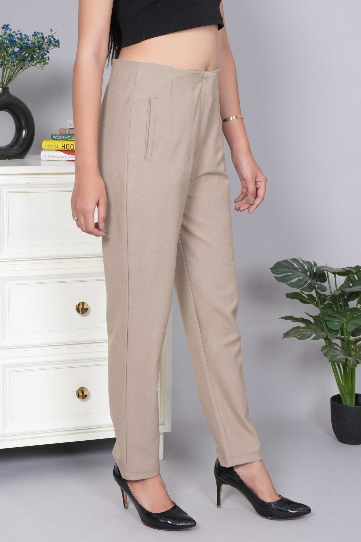 Beige high waist pleated pant with spandex [Straight fit] - High waist pleated pant