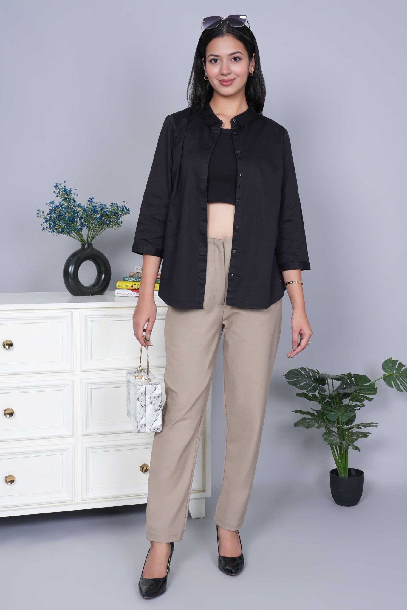 Beige high waist pleated pant with spandex [Straight fit] - High waist pleated pant