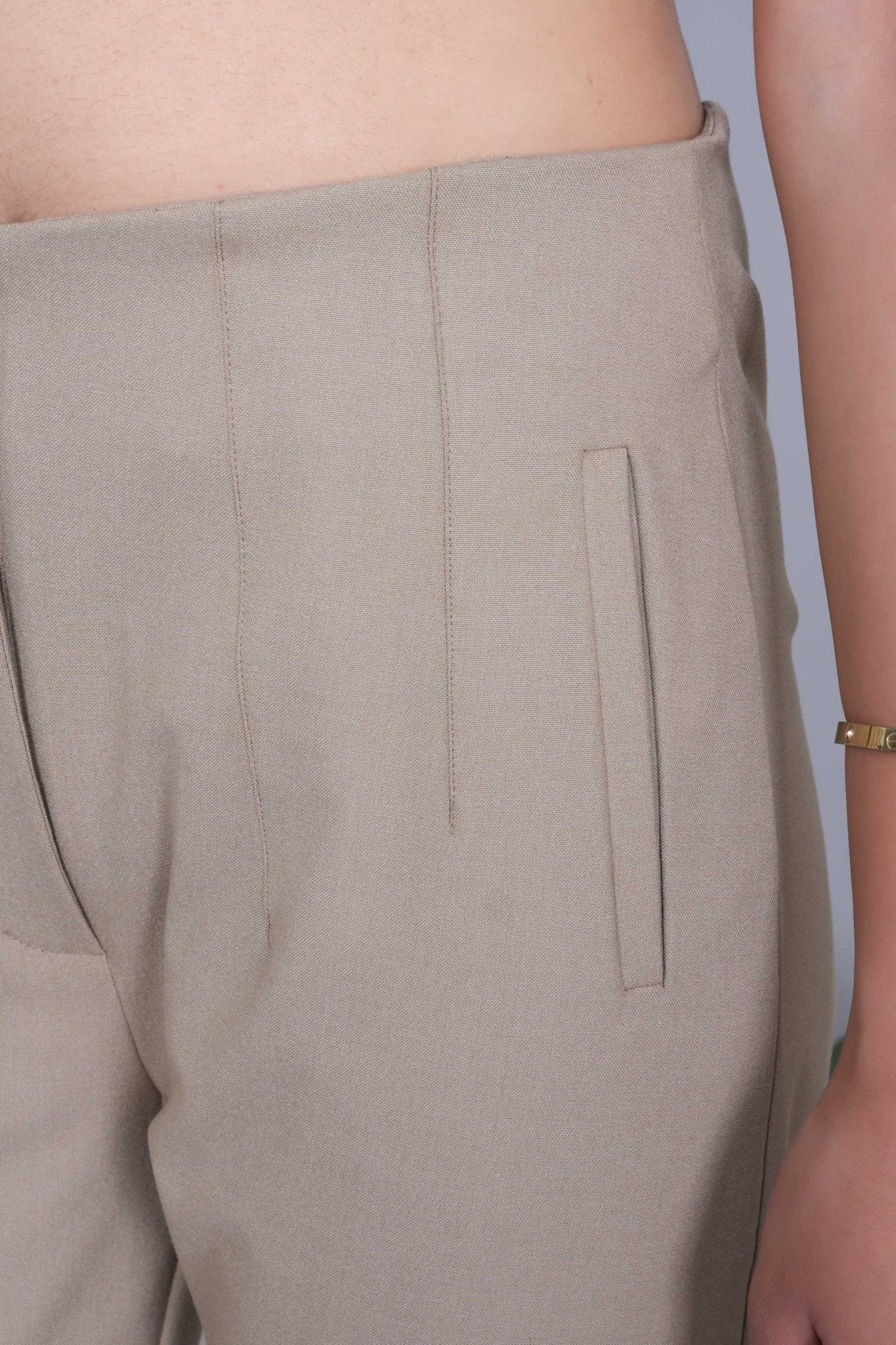 Beige high waist pleated pant with spandex [Straight fit] - High waist pleated pant