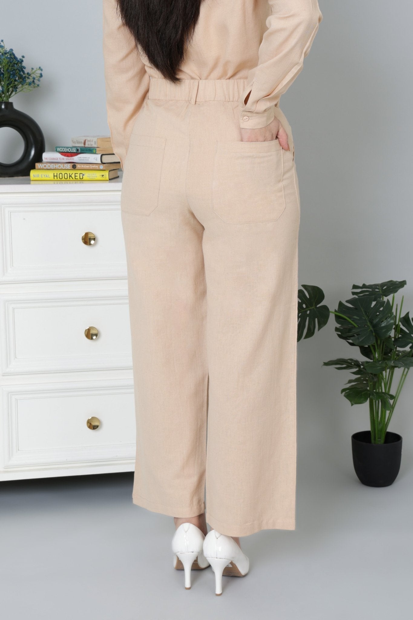Beige linen high waist pant - 