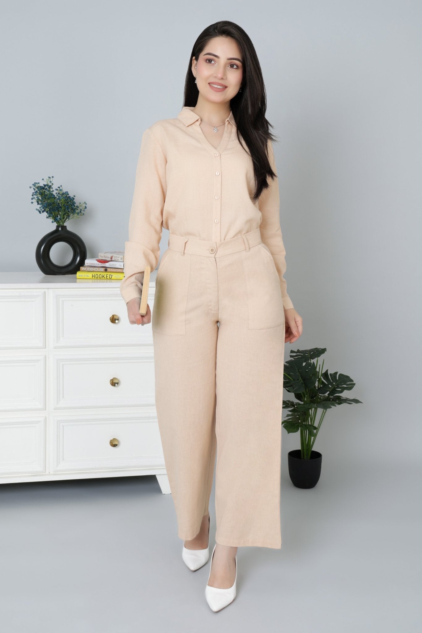 Beige linen high waist pant - 
