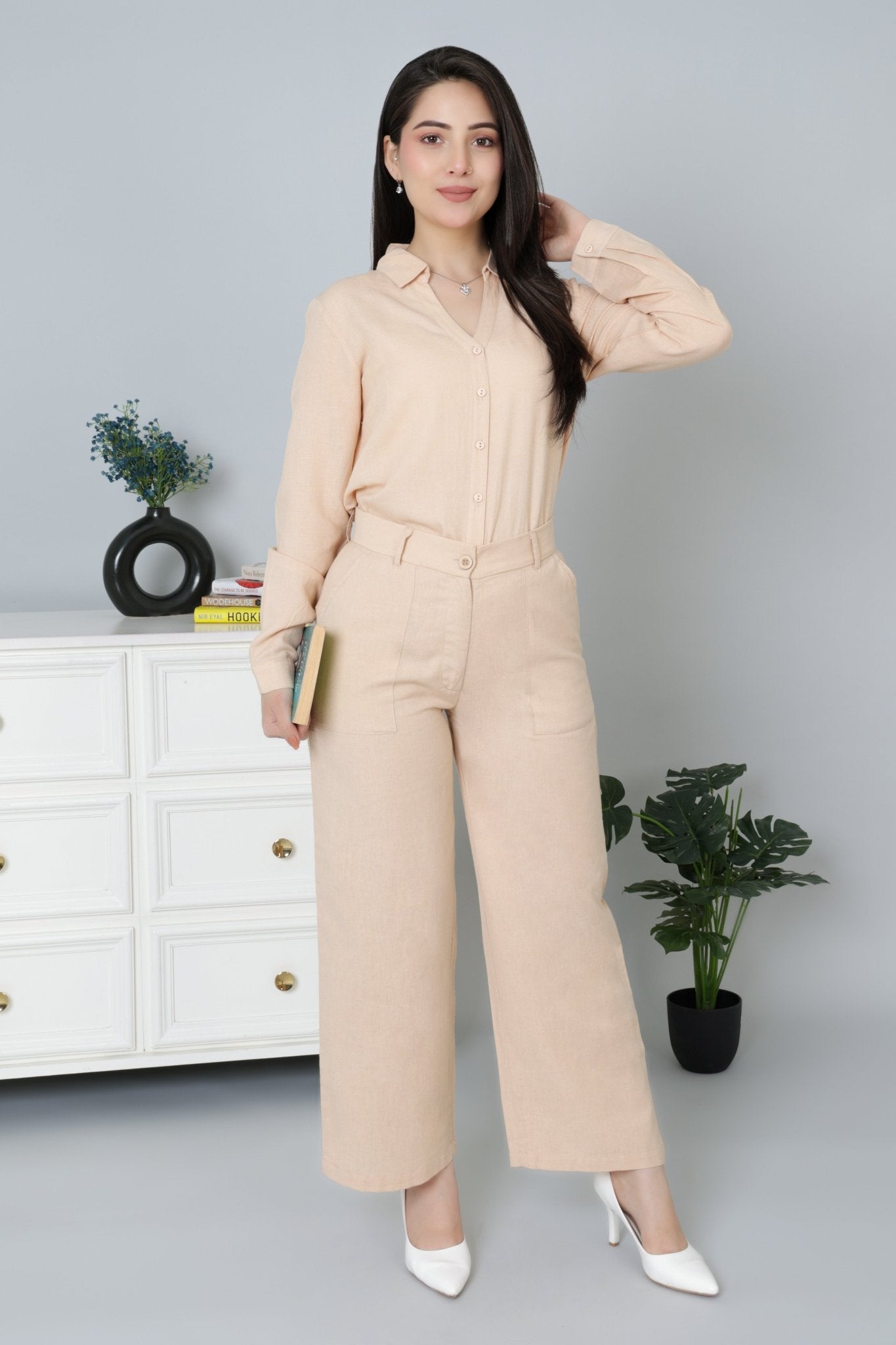 Beige linen high waist pant - 