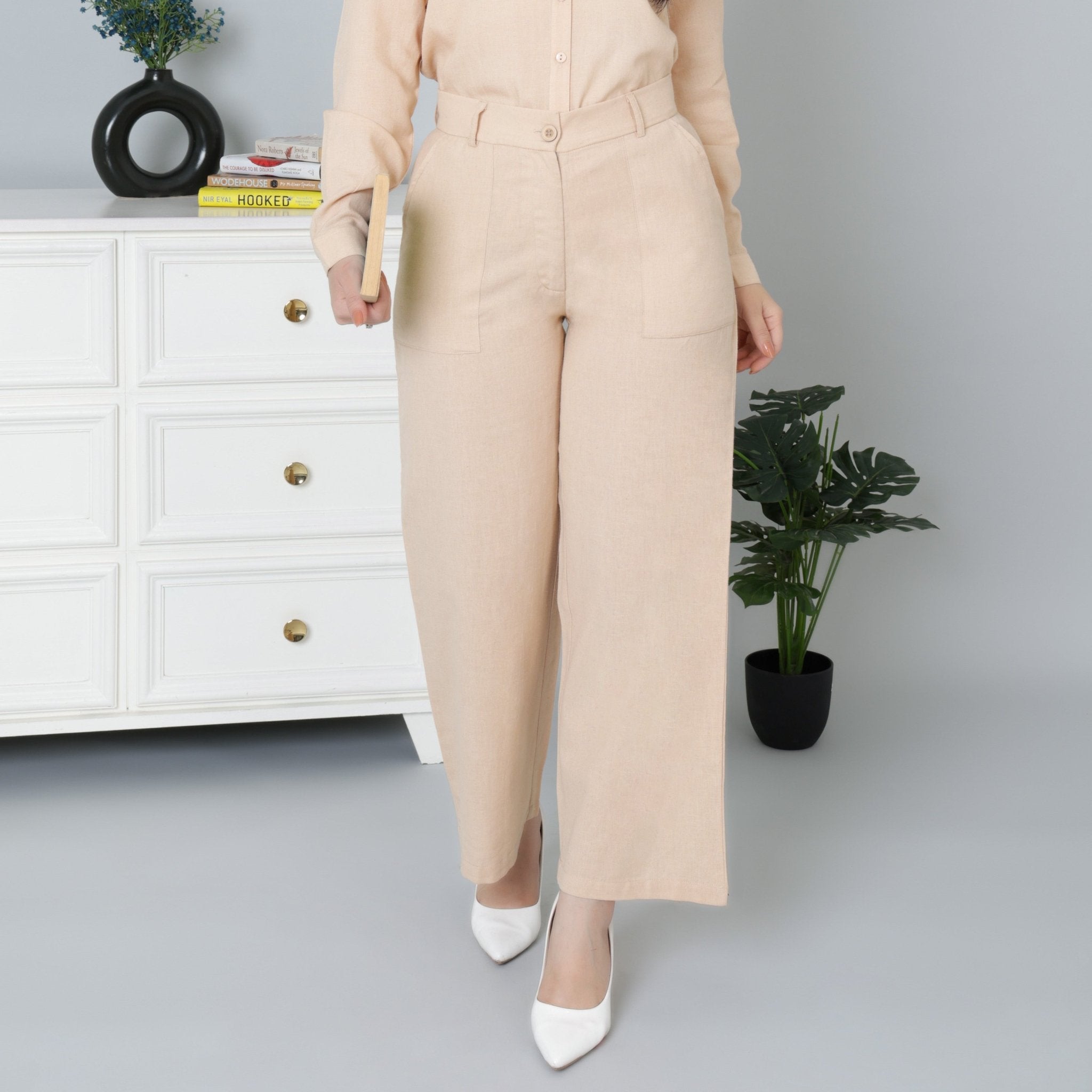 Beige linen high waist pant - 