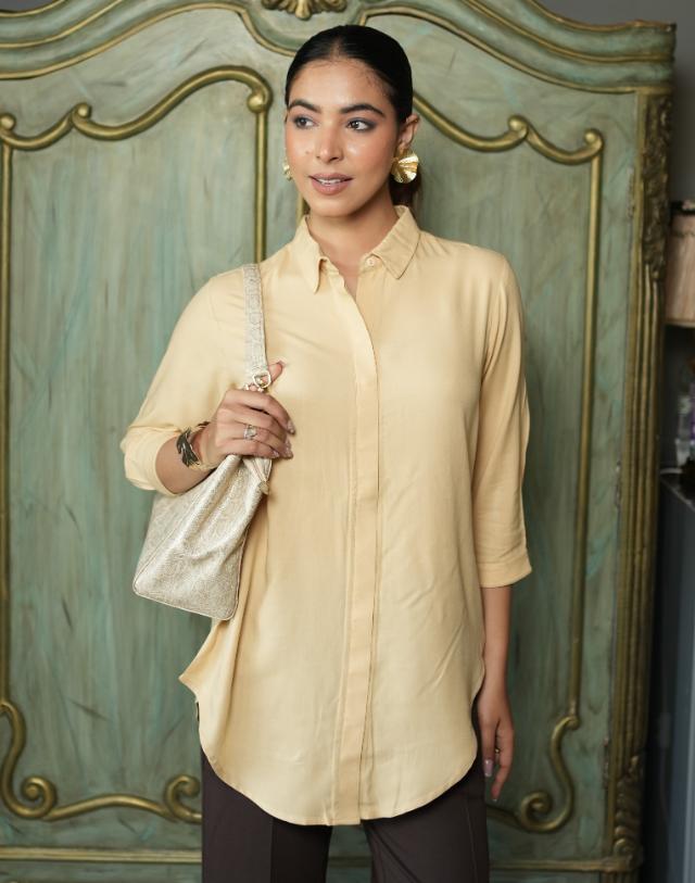 Beige long hemline shirt [ 100% Rayon, Liva Certified ] - Long hemline shirt