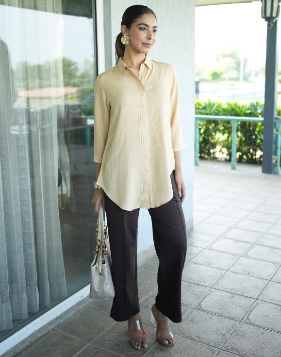 Beige long hemline shirt [ 100% Rayon, Liva Certified ] - Long hemline shirt