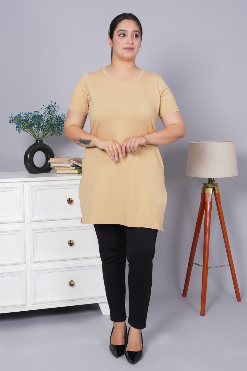Beige long round neck cotton t-shirt with pockets - Long cotton t-shirt