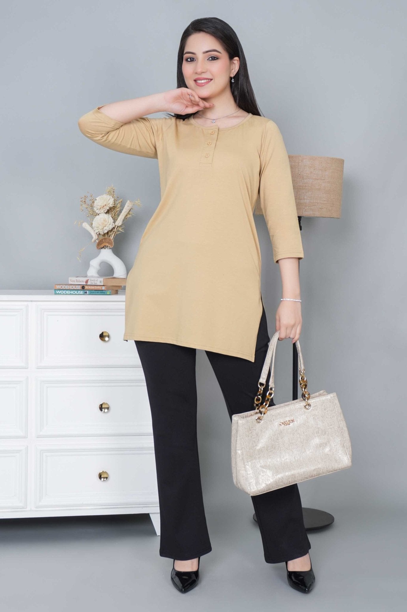 Beige long round neck henley cotton lycra t-shirt with pockets - Long cotton t-shirt