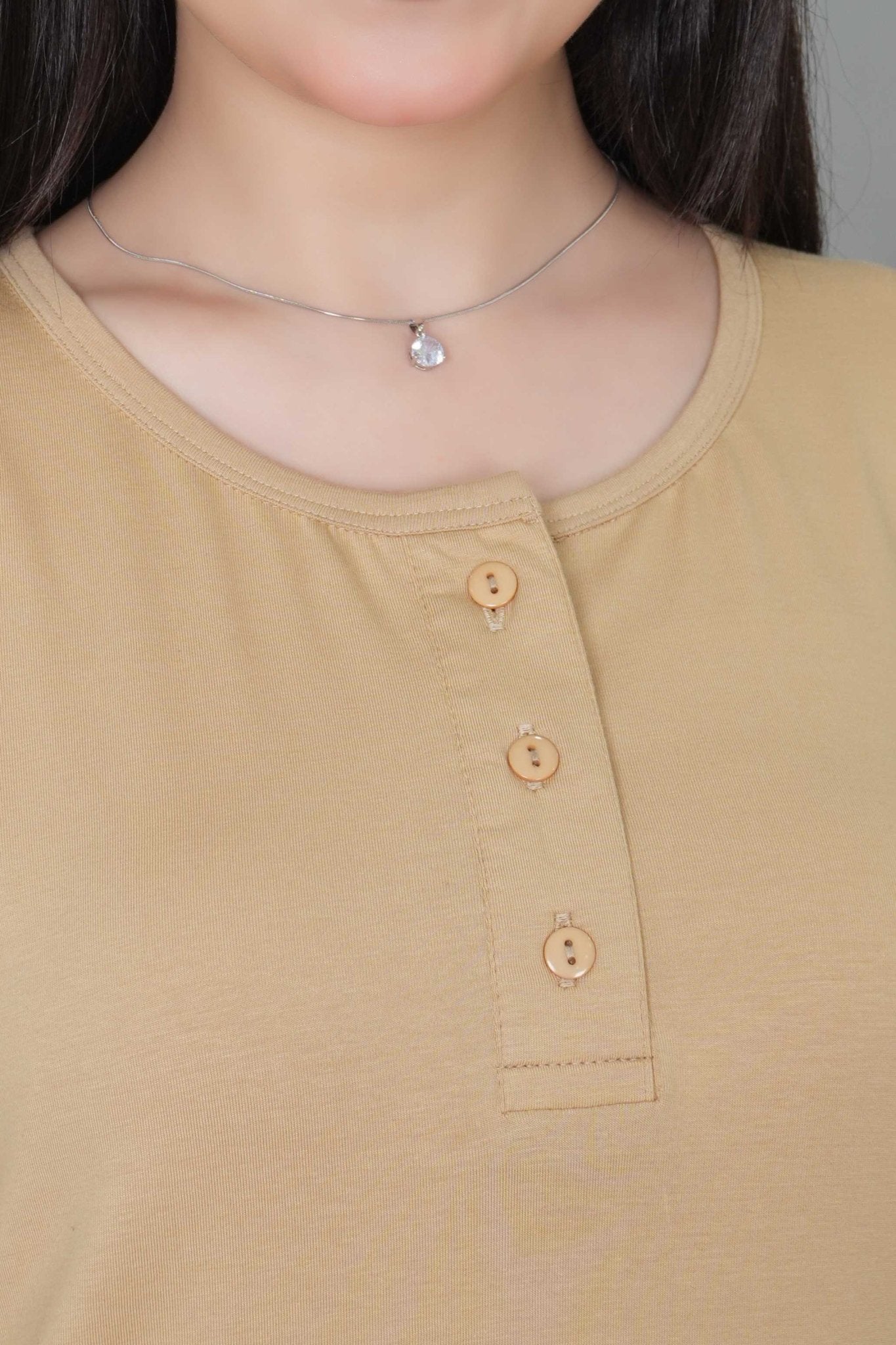 Beige long round neck henley cotton lycra t-shirt with pockets - Long cotton t-shirt