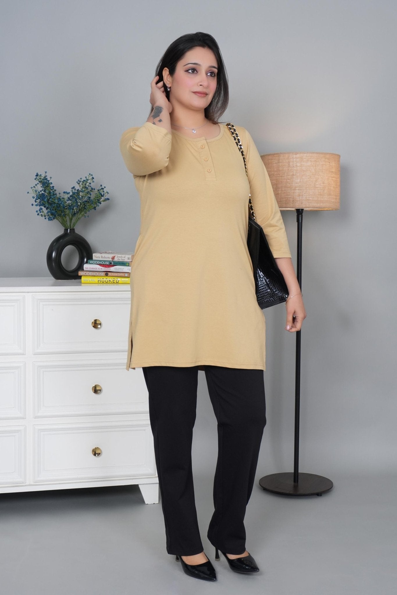 Beige long round neck henley cotton lycra t-shirt with pockets - Long cotton t-shirt