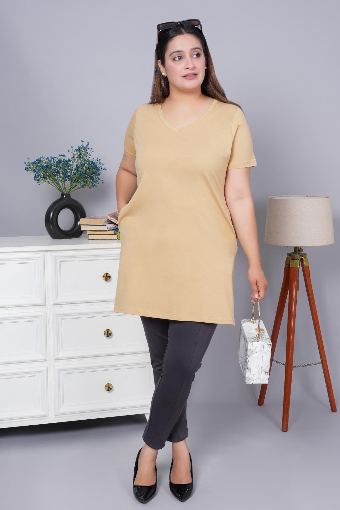 Beige long v neck cotton lycra t-shirt with pockets - Long cotton t-shirt