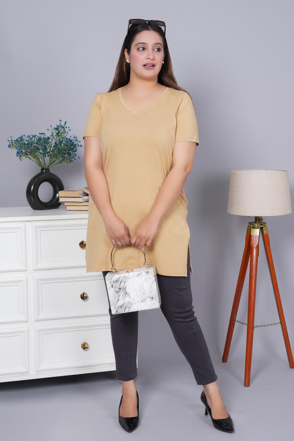 Beige long v neck cotton lycra t-shirt with pockets - Long cotton t-shirt