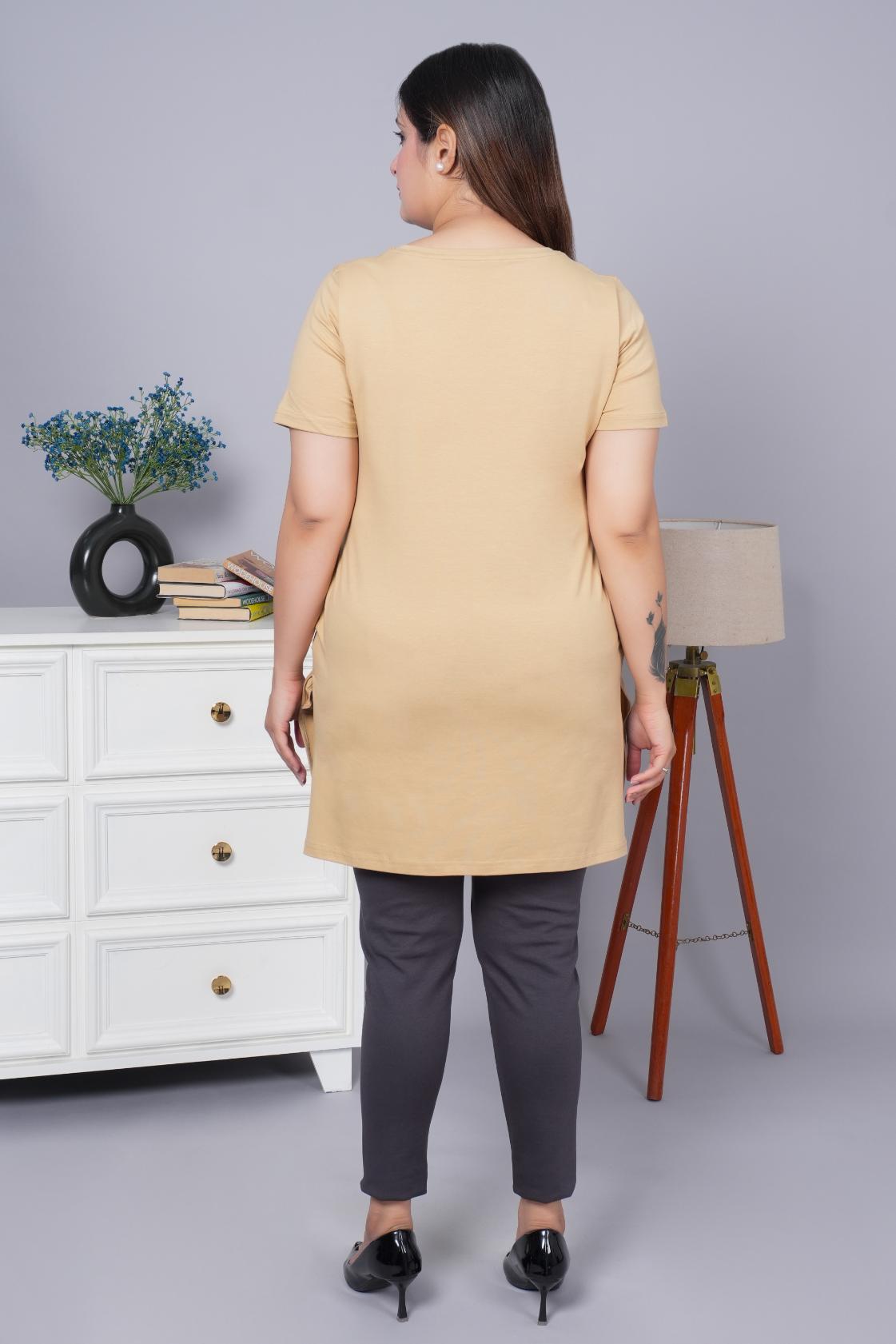 Beige long v neck cotton lycra t-shirt with pockets - Long cotton t-shirt