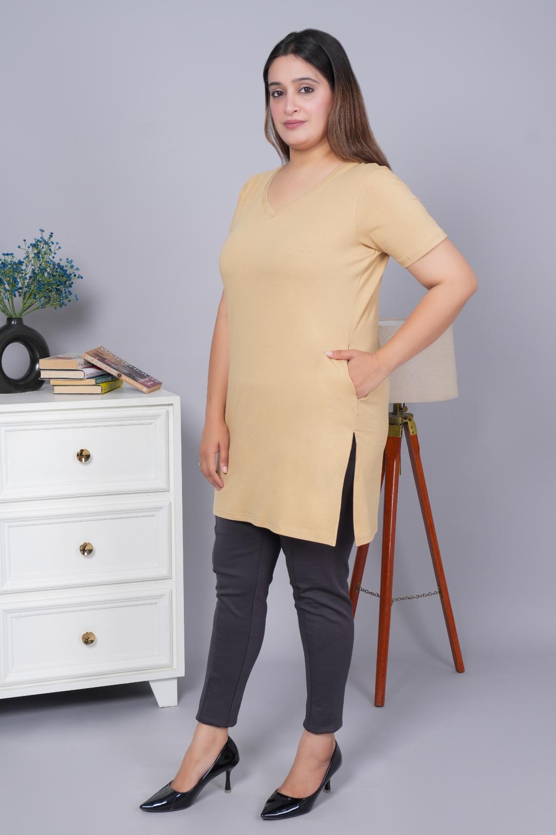 Beige long v neck cotton lycra t-shirt with pockets - Long cotton t-shirt