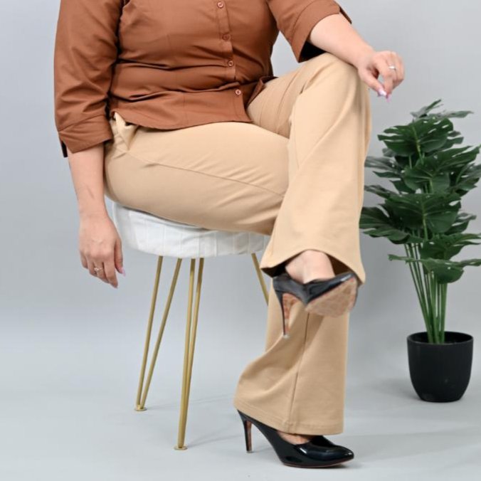 Beige plus size stretchable biowash USA HQ cotton bootcut flare pants with superior elastic belt and 2 side pockets. - Milano plus size bootcut flare pants