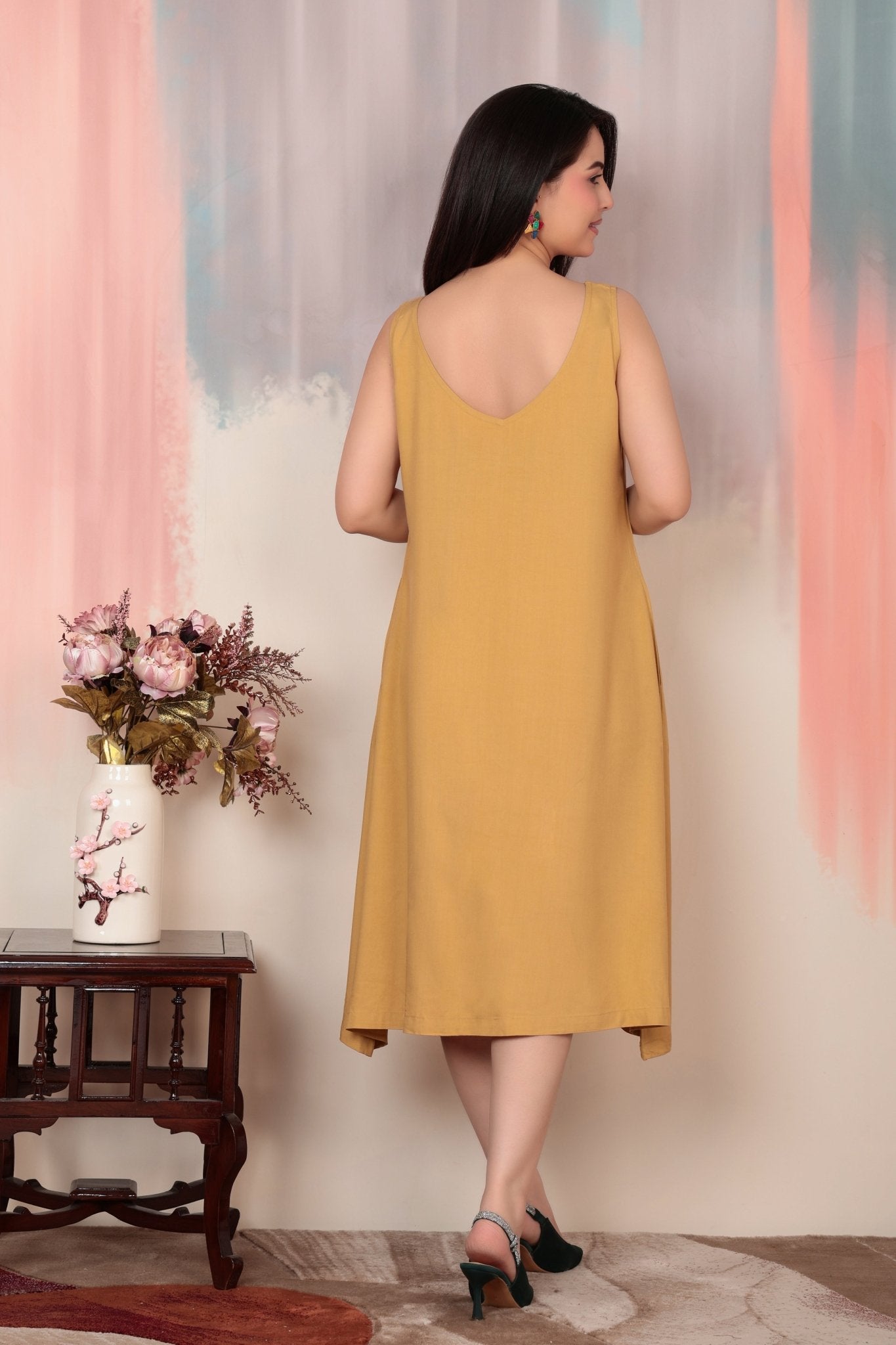 Beige rayon flare dress with pocket [ Premium 100% Rayon, Liva Certified ] -Rayon flare dress with pocket