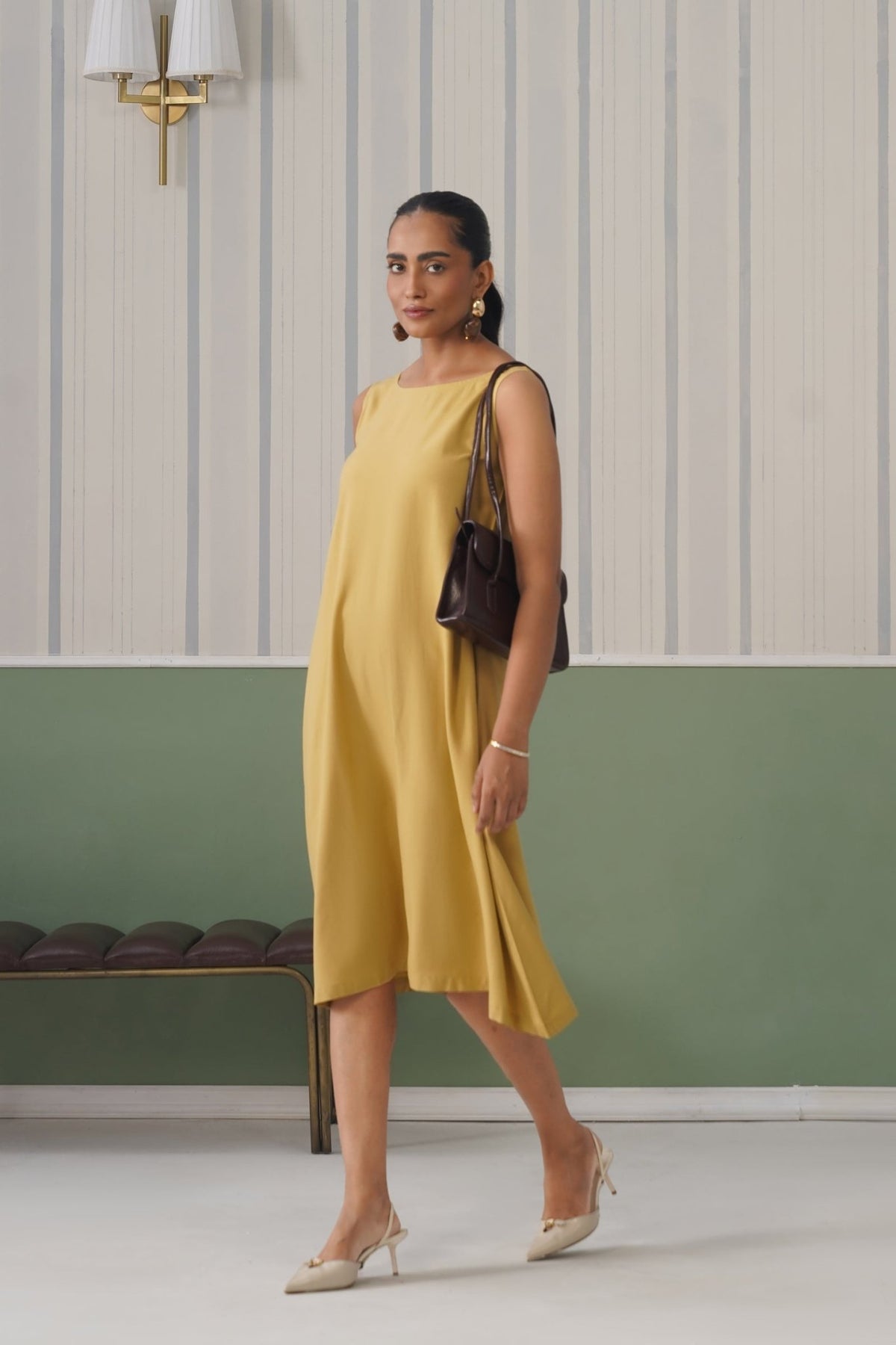 Beige rayon flare dress with pocket [ Premium 100% Rayon, Liva Certified ] -Rayon flare dress with pocket